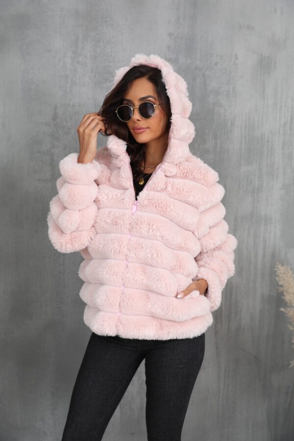 Women's Striped Hooded Imitation Fur Short Jacket - Image 4