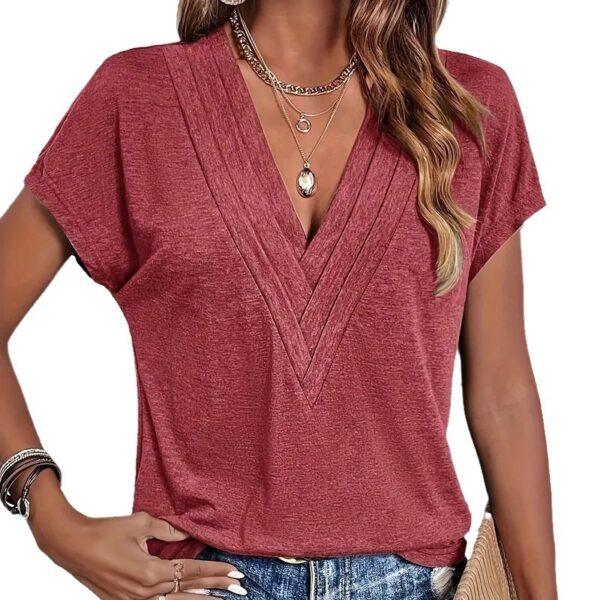 Summer New Women's Solid Color And V-neck T-shirt - Image 2