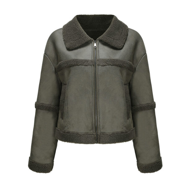 Suede Women's Fashionable Warm Fleece Leather Jacket - Image 4