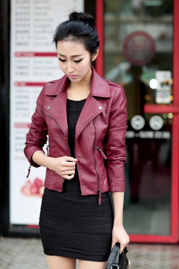 Women's jacket leather Diagonal zipper - Image 4