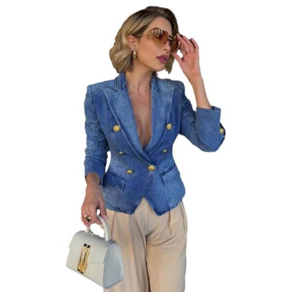 Women's Denim Jacket Suit Double Breasted Slim Fit - Image 4