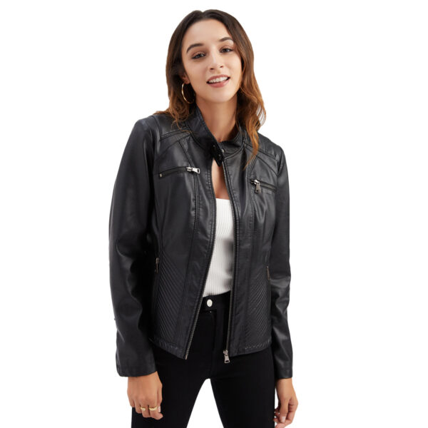 Women's Casual Leather Clothing Stand Collar Jacket - Image 6