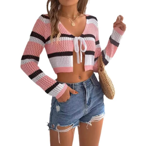 Summer Hollow Contrast Color Striped Lace-up Long Sleeves Cropped Knitted Cardigan - Image 2