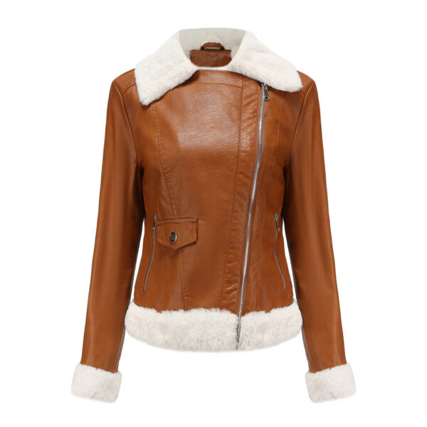 Fleece Leather Jacket  Long Sleeves Turn-down Collar - Image 5