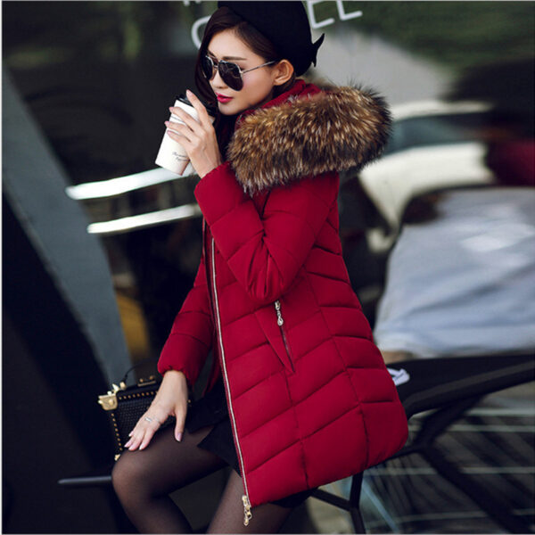 Mid-length Slim Cotton Jacket Large Fur Collar - Image 8