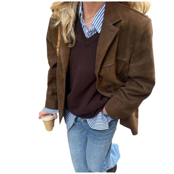 Women's Artistic Retro Fashion Brown Lapel Jacket With Pockets - Image 5