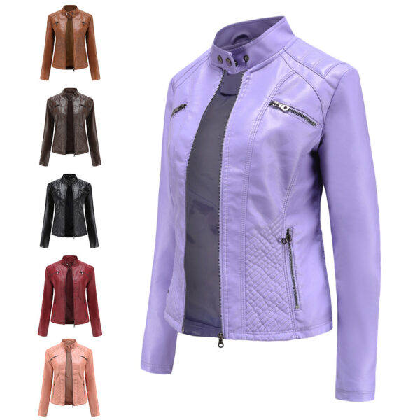 Women's Casual Leather Clothing Stand Collar Jacket