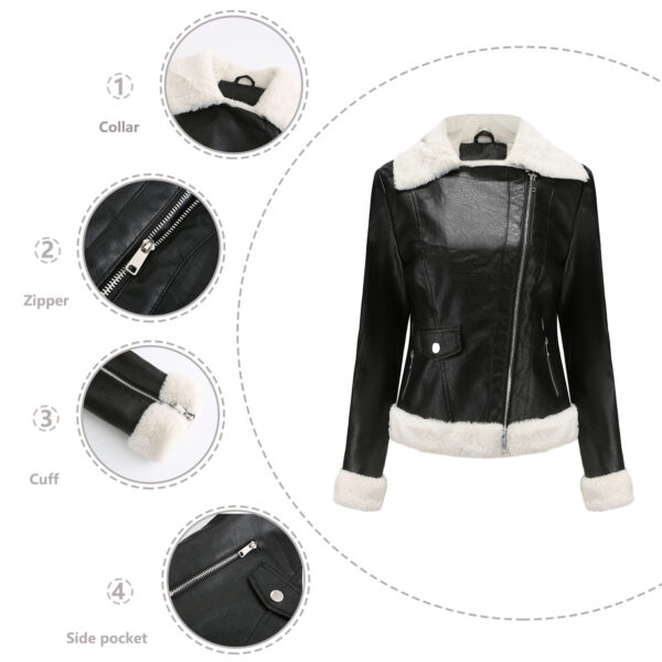 Fleece Leather Jacket  Long Sleeves Turn-down Collar - Image 6