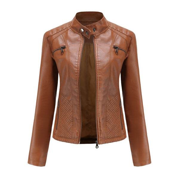 Women's Casual Leather Clothing Stand Collar Jacket - Image 4