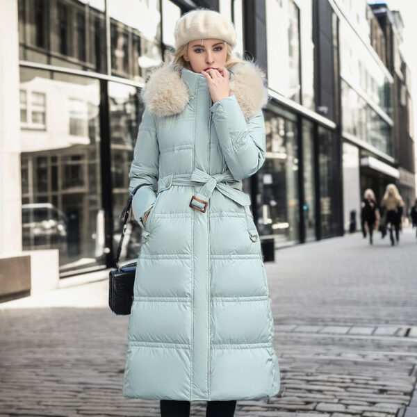 Winter Slim Long Jacket With Fur Hood And Belt - Image 2