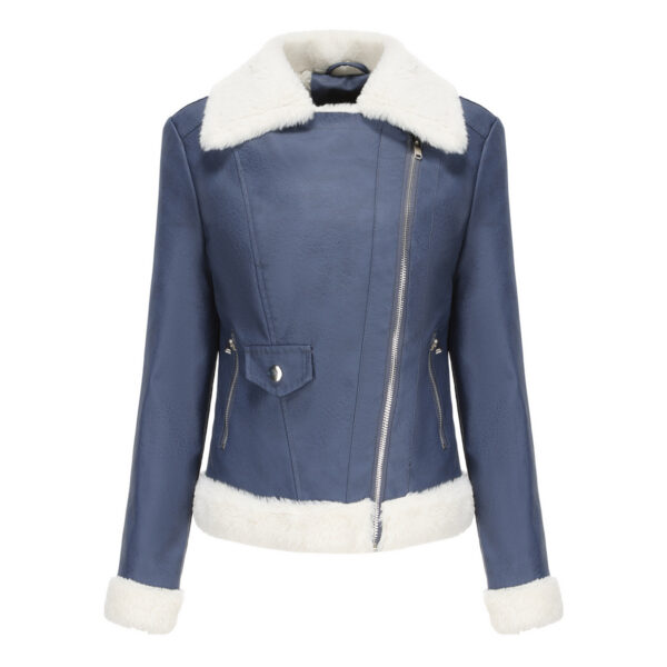 Fleece Leather Jacket  Long Sleeves Turn-down Collar - Image 8