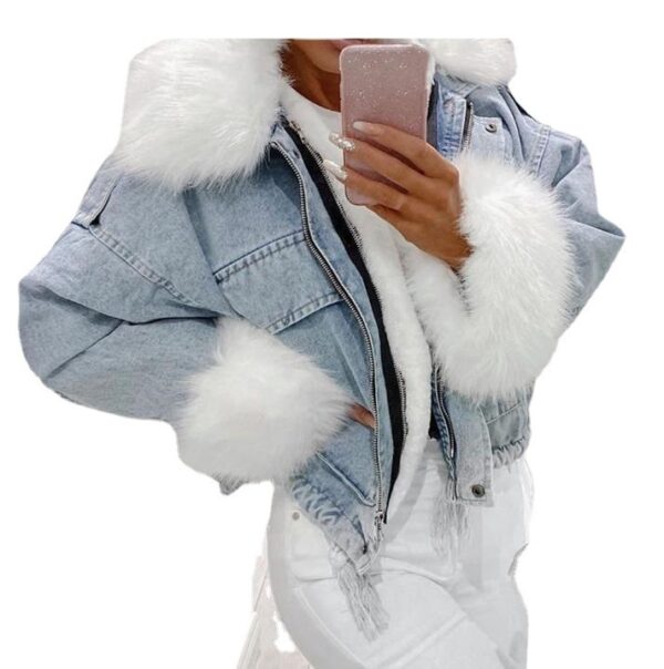 Washed White Short Denim Fur Integrated Jacket - Image 5