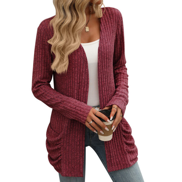 Solid Color Pocket Long Sleeve Bottoming Cardigan Knitwear - Image 4