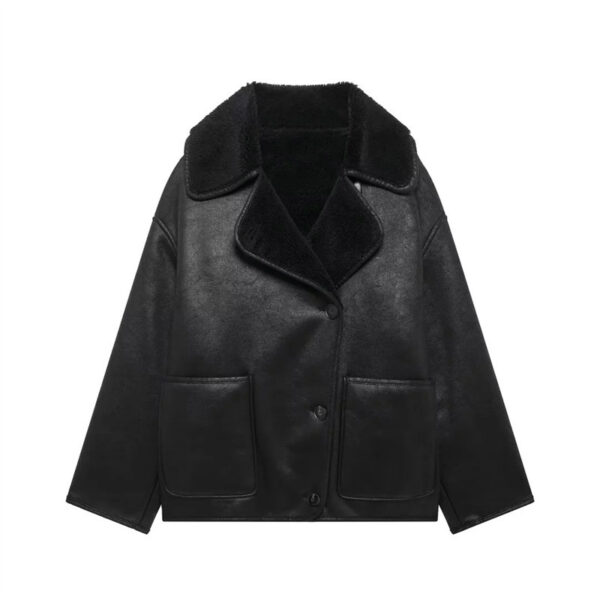 Retro Black Turn-down Collar Loose Fur Coat - Image 2