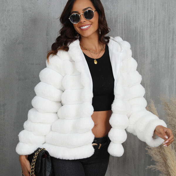 Women's Striped Hooded Imitation Fur Short Jacket - Image 6