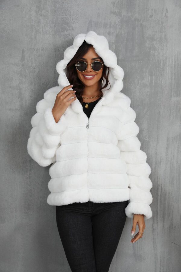 Women's Striped Hooded Imitation Fur Short Jacket - Image 2