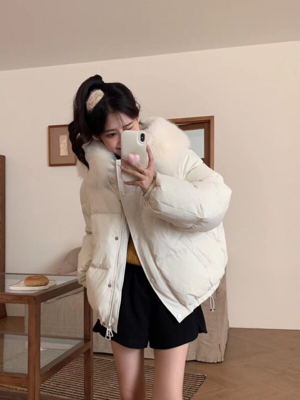 Fox Fur Collar White Duck Down Loose Thickening Keep Warm Coat - Image 7