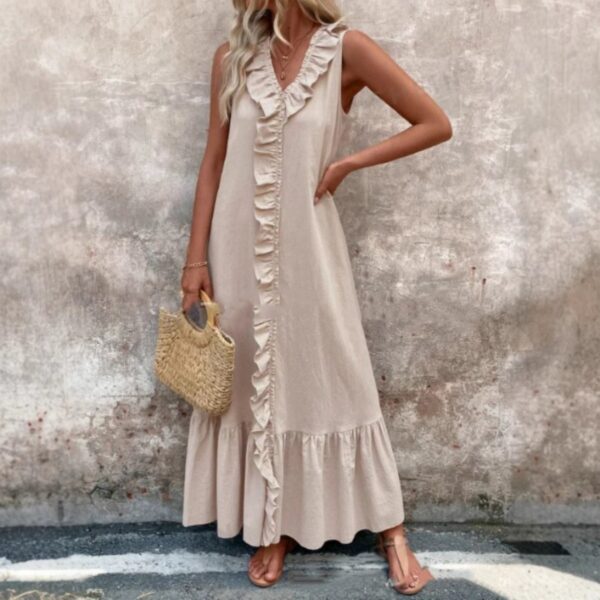 Solid Color Sleeveless Cotton Linen V-neck Swing Dress