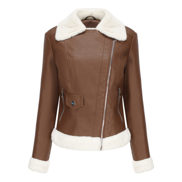 Fleece Leather Jacket  Long Sleeves Turn-down Collar - Image 4