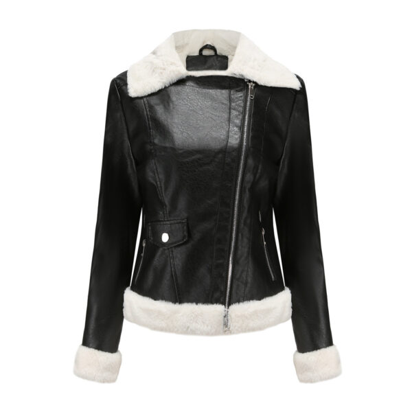 Fleece Leather Jacket  Long Sleeves Turn-down Collar - Image 7