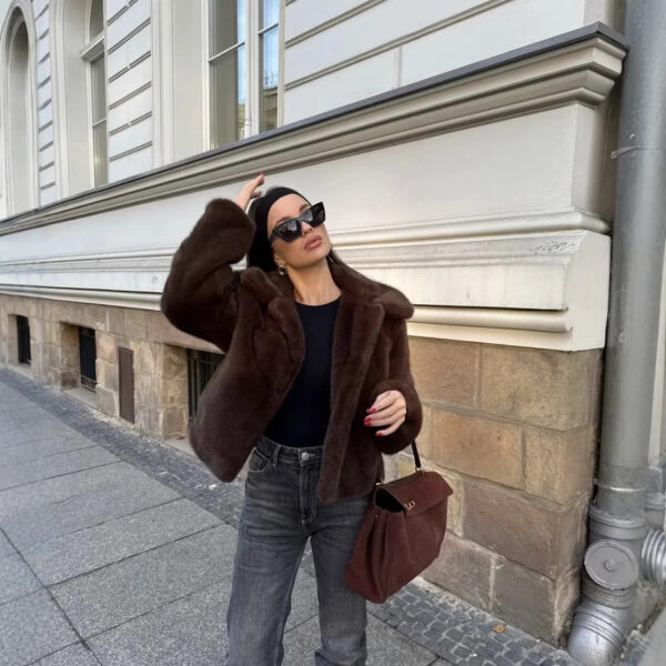 Women's Brown Fluffy Faux Fur Jacket - Image 3