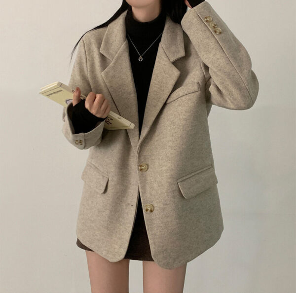 Retro British Style Temperament Mid-length Loose Woolen Blazer - Image 4