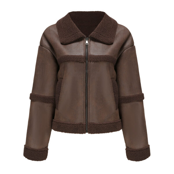 Suede Women's Fashionable Warm Fleece Leather Jacket - Image 6