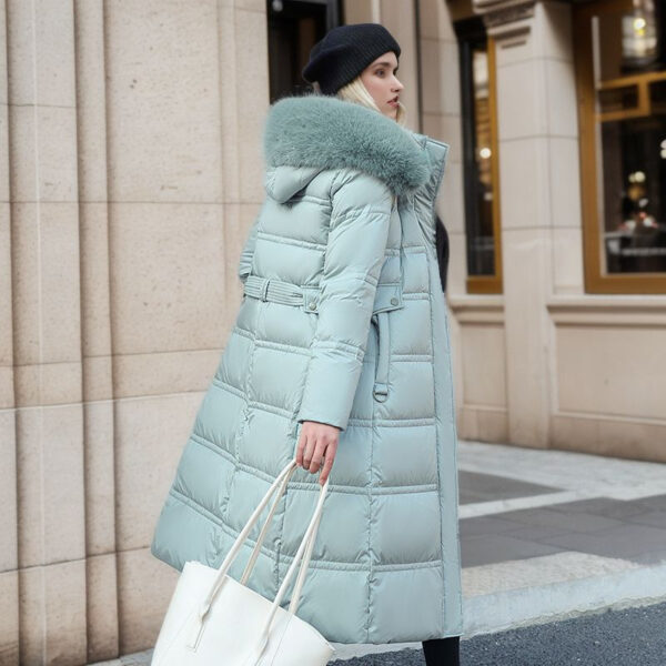 Winter Slim Long Jacket With Fur Hood And Belt - Image 6