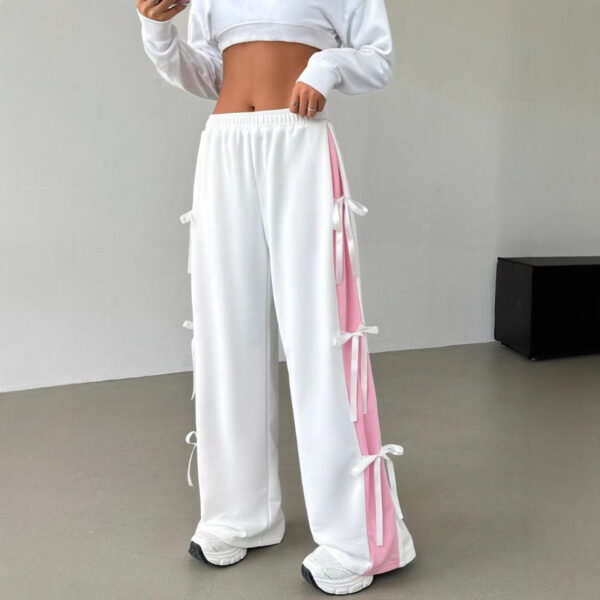 Women's Elastic Waist Contrast Color Straight-leg Trousers - Image 4