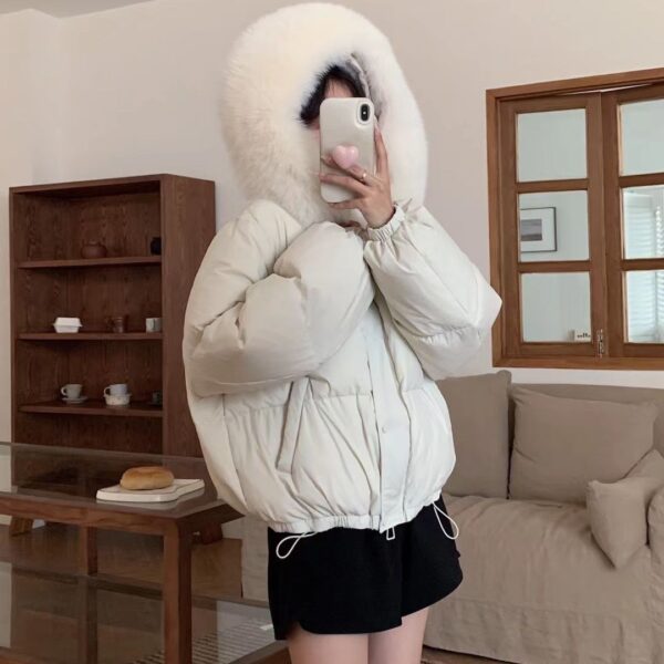 Fox Fur Collar White Duck Down Loose Thickening Keep Warm Coat - Image 4