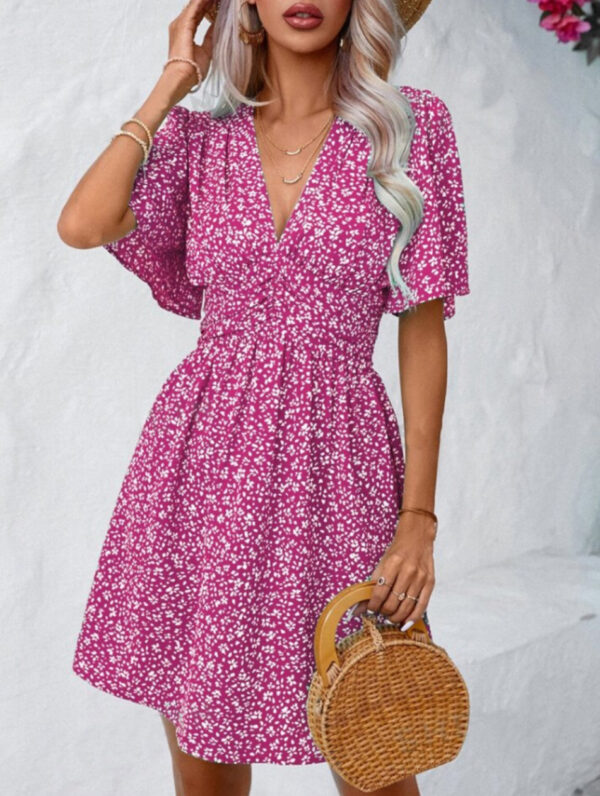 Women's Deep V-neck Summer New Ruffle Sleeve Small Floral Dress - Image 3