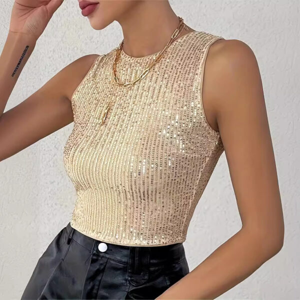 Women's Fashion Round Neck Shiny Back Buttoned Sequined Short Vest - Image 7