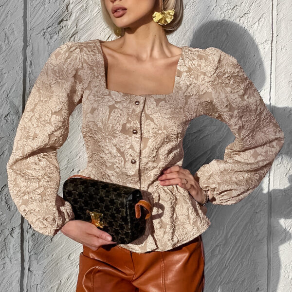 Women's French-style Square Collar Jacquard Blouse - Image 3