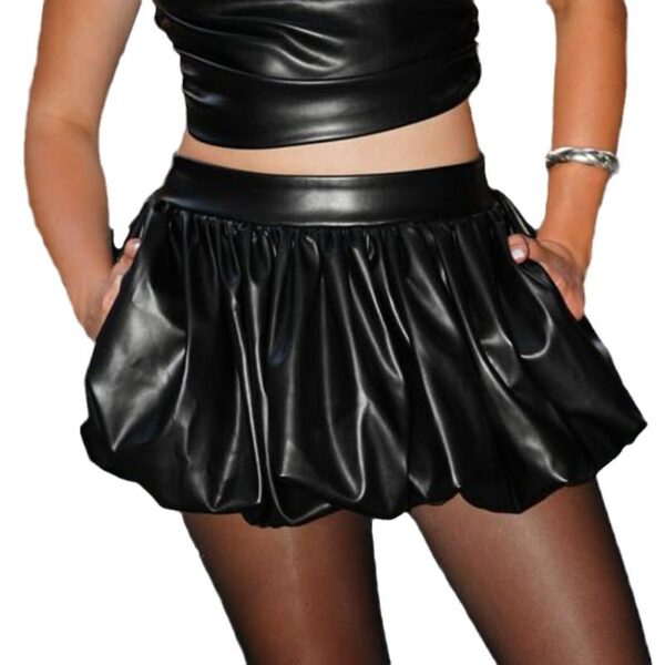 Dark Sexy Glossy Leather High Waist Bubble Bud Leather Skirt Street Pleated - Image 3