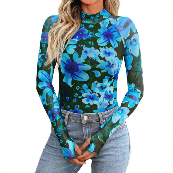 New Mesh Printed Tape Thumb Hole Turtleneck Long Sleeve Bottoming Shirt - Image 6