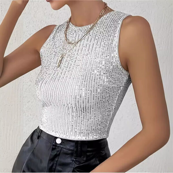 Women's Fashion Round Neck Shiny Back Buttoned Sequined Short Vest - Image 4