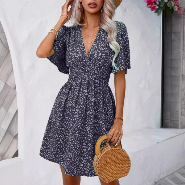 Women's Deep V-neck Summer New Ruffle Sleeve Small Floral Dress - Image 4