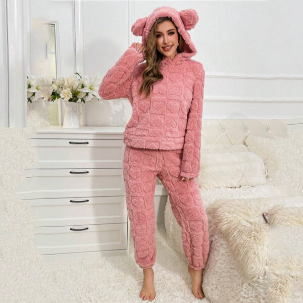 Square Heart Jacquard Cotton Velvet Hooded With Ears Cute Pajamas - Image 4