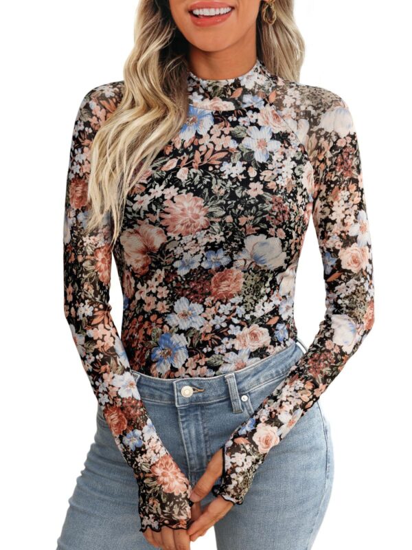 New Mesh Printed Tape Thumb Hole Turtleneck Long Sleeve Bottoming Shirt - Image 8