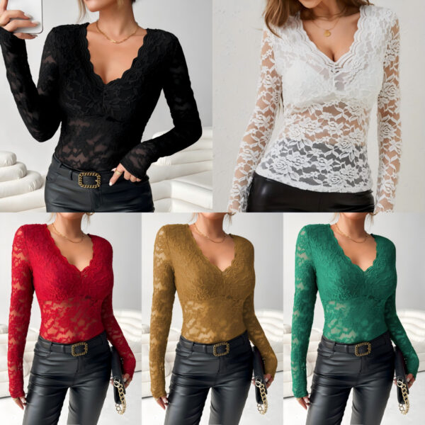 Fashion Women's Elegant Solid Color Lace Top - Image 6