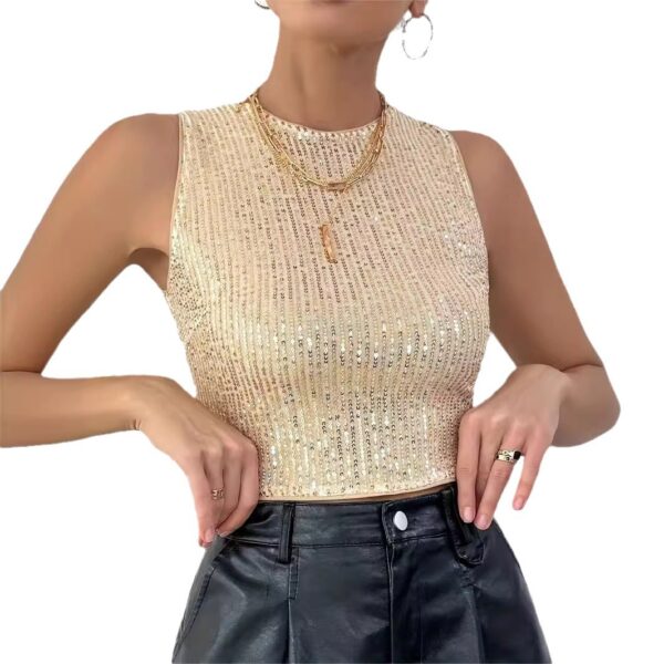 Women's Fashion Round Neck Shiny Back Buttoned Sequined Short Vest - Image 2