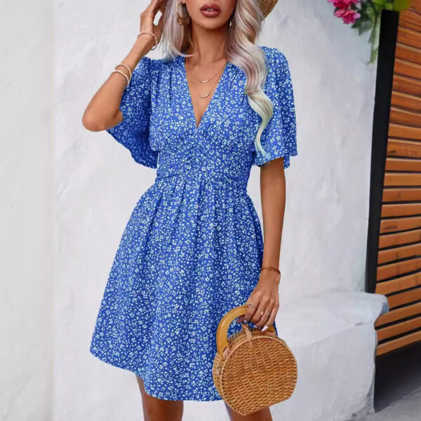 Women's Deep V-neck Summer New Ruffle Sleeve Small Floral Dress - Image 7