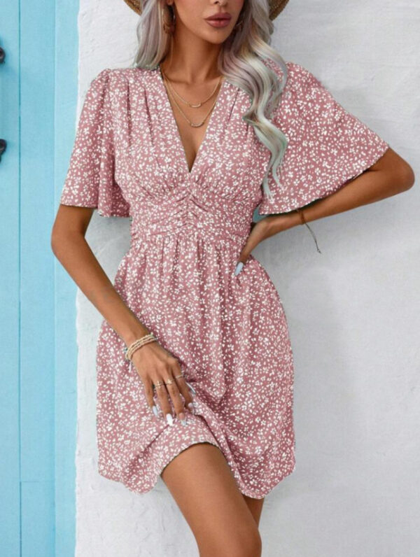 Women's Deep V-neck Summer New Ruffle Sleeve Small Floral Dress - Image 8