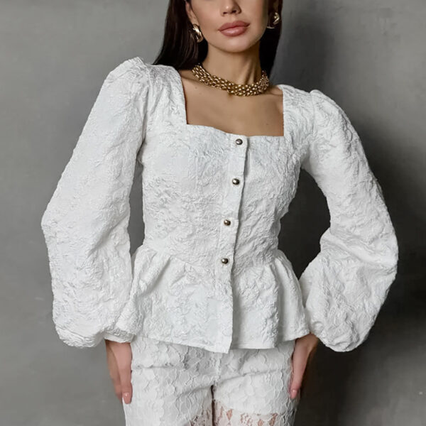 Women's French-style Square Collar Jacquard Blouse - Image 2