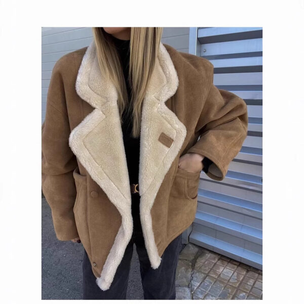 Fashion Loose And Warm Vintage Lamb Wool Khaki Coat - Image 5