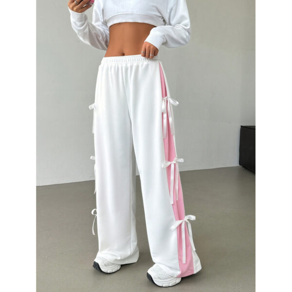 Women's Elastic Waist Contrast Color Straight-leg Trousers - Image 2