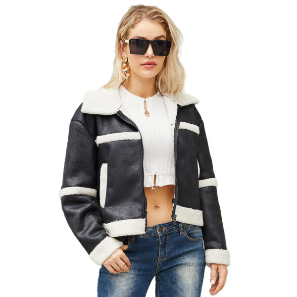 Suede Women's Fashionable Warm Fleece Leather Jacket - Image 8