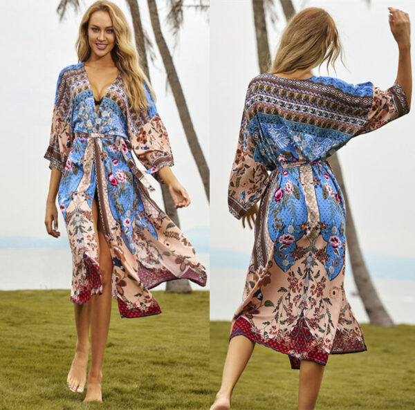 Rayon Watermark Printed Beach Cover-up Cardigan Long Dress - Image 6