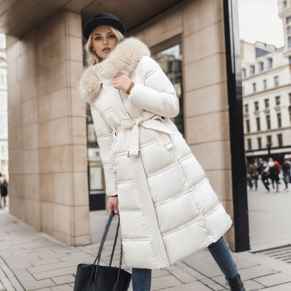 Winter Slim Long Jacket With Fur Hood And Belt - Image 9