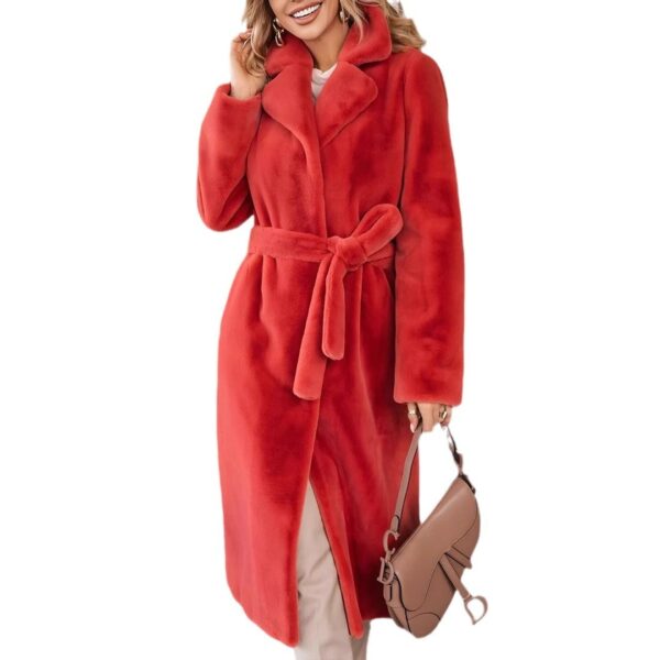 Women's Fashionable Elegant Lace-up Turn-down Collar Plush Long Coat - Image 3